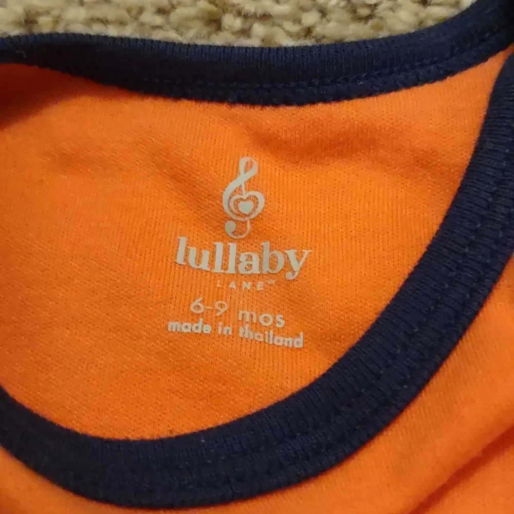 Lullaby 6-9 mo onesie with hammerhead shark, orange with navy trim snap crotch‎
